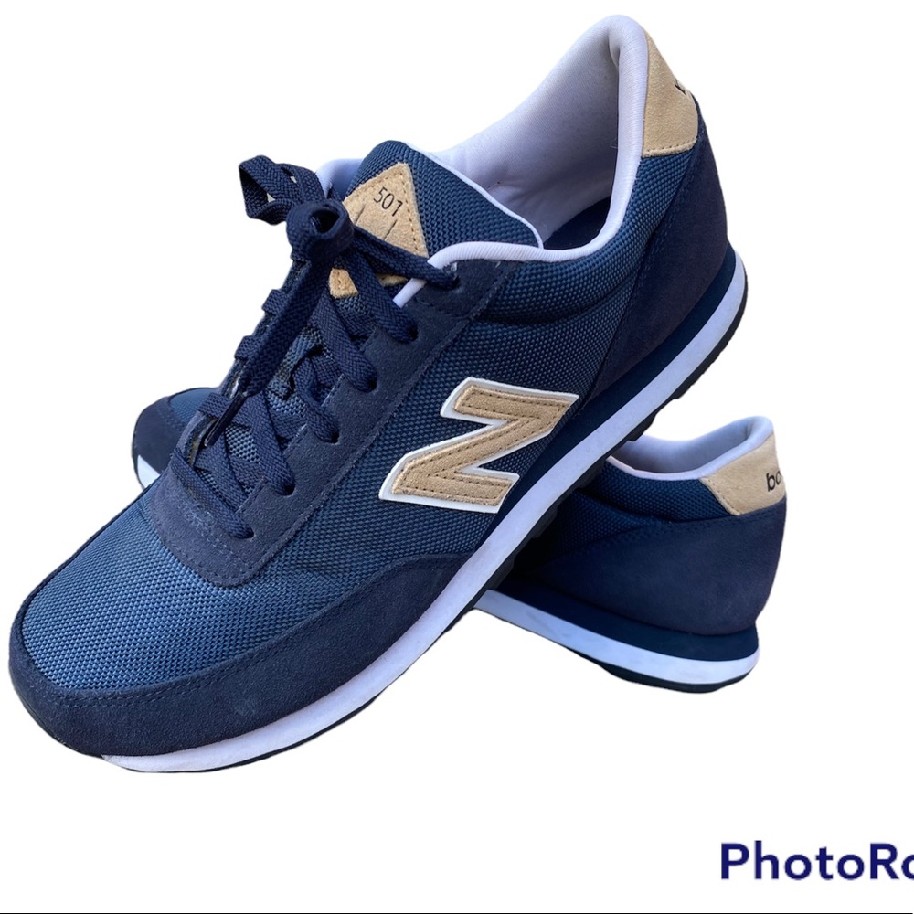 Worn once Mens New Balance 501 US size 10.5. Suede, navy and gold